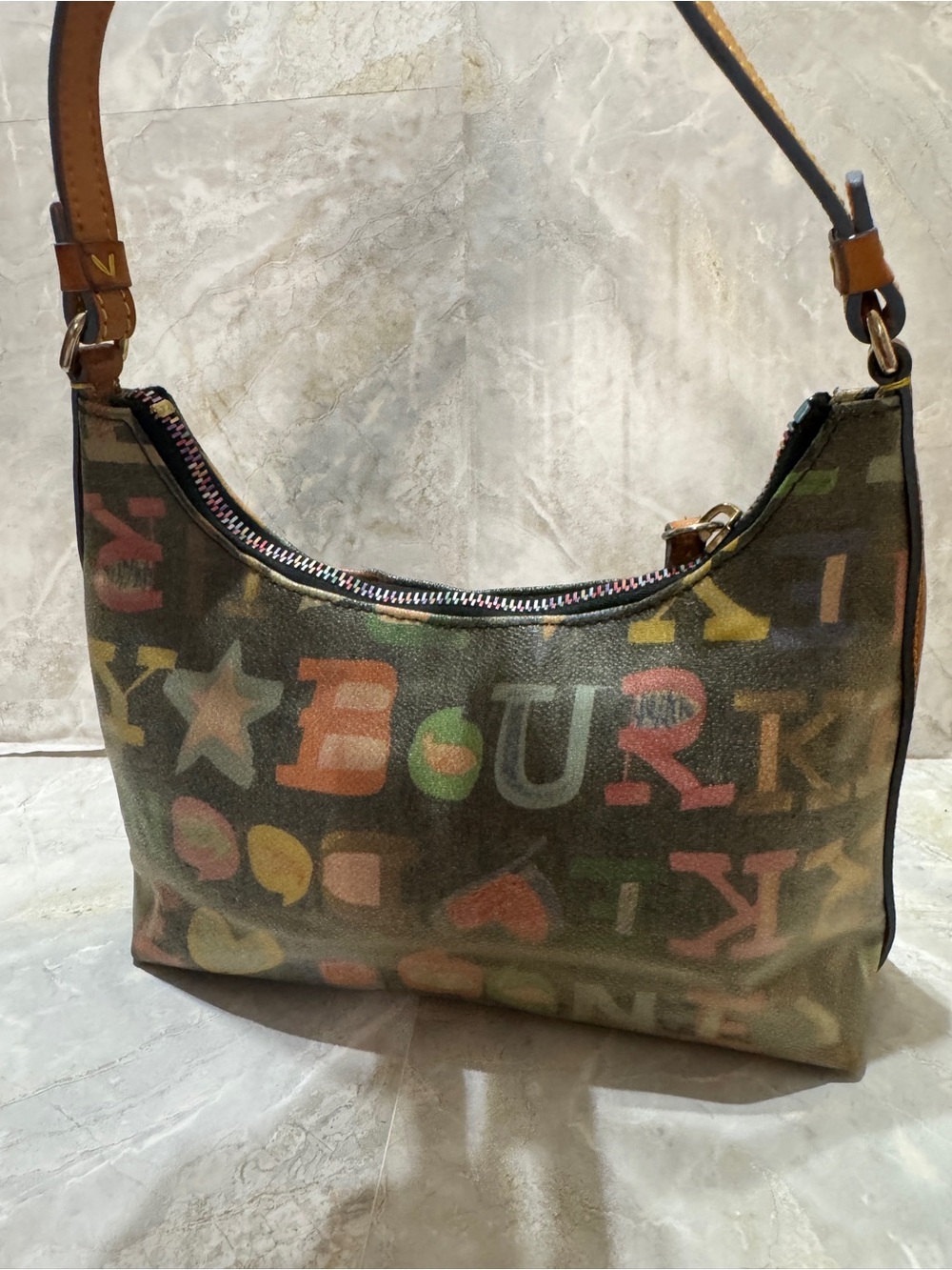 Dooney & Bourke Multicolor Letter-Print Canvas Shoulder Bag with Tan Trim - Picture 2 of 7